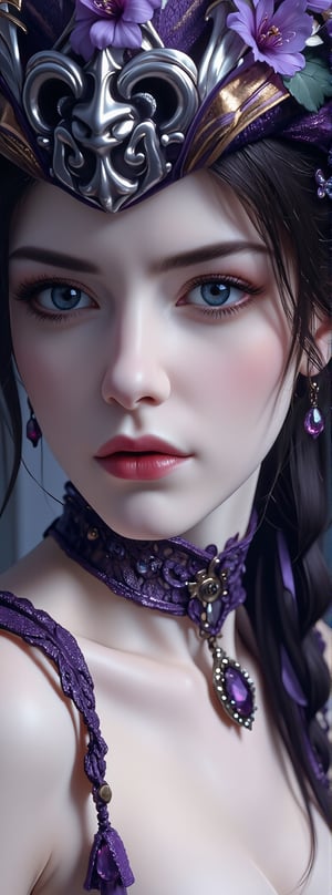 Score_9, score_8_up, score_7_up, A captivating mid-angle shot of a regal woman's visage, bathed in rich, vibrant purple hues. Her elegant lady's hat, adorned with delicate violet flowers and intricate embroidery, crowns her forehead. The piercing blue eyes, a striking contrast to the surrounding plum tones, sparkle like gemstones. Delicate features, luscious purple lips, and raven-haired locks, framed by a cascade of blue-purple tresses falling from her right shoulder, create a mesmerizing portrait. A purple lace necklace, featuring a dark purple gemstone pendant, adds an air of mystique to this ravishing scene. Movie special effects grade style.