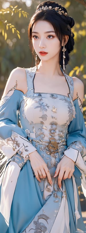 (Extremely detailed CG unified 8k wallpaper), ANCIENT_CHINESE_CASTLE_GARDEN_BACKGROUND, (((Masterpiece))), (((Best Quality))), ((Super Detailed)), (Best Illustration), (Best Shading), ( (Extremely exquisite and beautiful)), embodying the charm of ancient princesses, exuding beauty, sexiness and charm, with natural big breasts. Mesmerizing eyes convey mystery and seduction. Elegant and charming, with a slender figure and full of mystery. Off the shoulders, low cut. Ancient traditional Hanfu decorated with intricate patterns or ornate details. Seductive and elegant pose, beautyniji,ancient_beautiful,1girl,yelandef