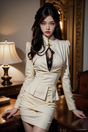 (Masterpiece, Top Quality, Best Quality, Official Art, Beauty & Aesthetics: 1.2), Best Photography Award, Best Adult Female Model, Beautiful Female Model, 1girl, Young Professional Asian Female Model, Long Curly Black Hair, Bangs, visible brown eyes, soft makeup, ombre lips, oversized breasts, hourglass figure, perfectly proportioned anatomical body, long fingers, detailed background, extreme detail, dynamic lighting,office_lady_uniform,r1d3r