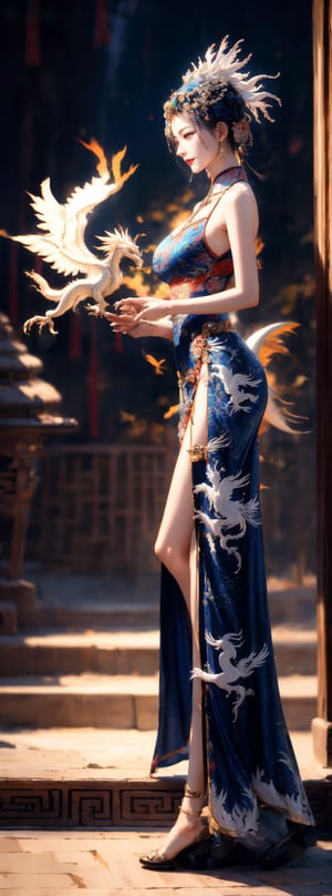 Realistic style, full body, side view, Tang Dynasty, China, on the stage of the ancient gorgeous theater, a 23-year-old Taiwanese beauty wears a Peking Opera actress's headdress, earrings, necklaces, bracelets, and a dark blue Peking Opera actress's short skirt made of top-quality silk Clothing (the clothing has exquisite white dragon and phoenix embroidery patterns), natural big breasts, bare feet, seductive smile, Peking Opera movements, panoramic view. (1girl: 1.4), (RAW photo, best quality), (real, photo real: 1.1), most Best Quality, Masterpiece, Beauty & Aesthetics, 16K, (HDR: 1.2), High Contrast, (Vivid Colors: 1.3), (Soft Colors, Dull Colors, Soothing Tone: 0), Cinematic Lights, Ambient Light, Side light, fine details and textures, cinematic shots, warm colors, (bright and intense: 1.1), wide angle shots, xm887, surreal illustration, Siena's natural proportions, silver hair, dynamic poses, body and hands The precise anatomy of four fingers and a thumb