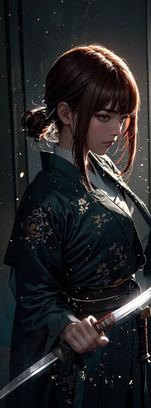 1girl is standing in a dark and mysterious environment.(((hang Beautiful, delicate and perfectly curved Japanese samurai katana  sword))) The scene is lit by a single light source, creating a sense of tension and suspense. The character is wearing a suit and tie, and their face is obscured by shadows. The image is rendered in high detail, with realistic textures and materials. The overall effect is a visually stunning and thought-provoking image that is sure to keep viewers engaged. cool, portrait, nodf_lora, mecha, makima,1 girl,hands