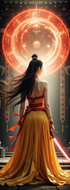 Score_9, score_8_up, score_7_up, score_6_up, A solemn-looking ancient oriental young woman with long flowing hair, perfect figure and perfect legs, wearing golden Hanfu, helding a glowing red sword in both hands, facing the viewer, with an oriental magic circle in the background.