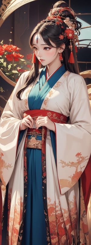 (masterpiece, top quality, best quality, official art, beautiful and aesthetic:1.2), (1girl), extreme detailed,(abstract, fractal art:1.3),highest detailed, detailed_eyes, light_particles, hanfu,jewelry, sexy, ,red,ru skirt