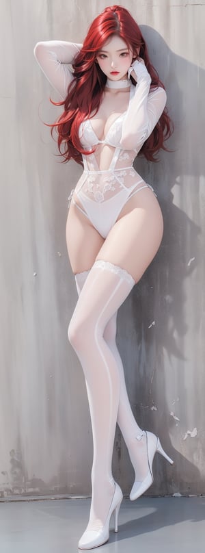 Realistic style, full body, a Korean beauty wearing (white underwear with rose pattern) and transparent white suspender stockings, she has long red hair, the wind blows her hair (hair covers half of her face), role-playing scene