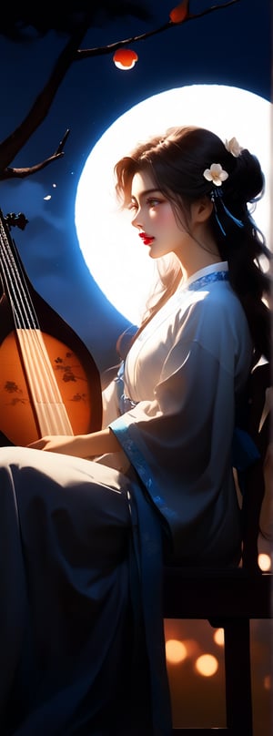 score_9, score_8_up, score_7_up, score_6_up, midnight. A 23-year-old Taiwanese long-haired beauty wearing white Hanfu was sitting on a chair in the pavilion. She was playing with lute. There were several white pear blossoms on the trees. She looked up at the moon, which was glowing with blue light. Chiaroscuro, beautiful human silhouette effect, moon focus