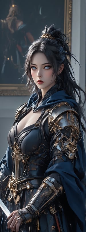 Score_9, score_8_up, score_7_up, A majestic warrior maiden stands tall, her luscious locks cascading down her back like a river of night. Her ample bosom is showcased beneath ornate golden armor, accentuating her hourglass figure. A flowing royal blue cloak billows behind her, contrasting with the crisp white background. Delicate fingers grasp the hilt of her sword, as if ready to strike. In the background, an oil painting adorns the wall, its subjects seeming to fade into the shadows. The lighting is dramatic, with a warm glow highlighting her regal features. Movie special effects grade style.