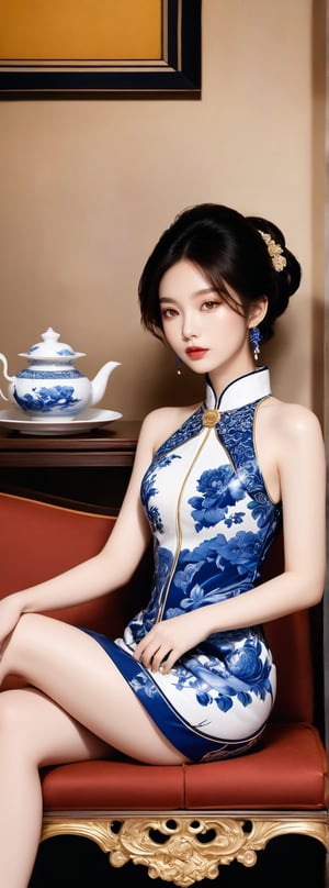 Score_9, score_8_up, score_7_up, score_6_up, Ceramic material, beige gold tone, a 23-year-old Chinese beauty with an elegant and leisurely face, standing near a gorgeous single baroque sofa with a blue background and gold edges. Her outfit is predominantly white with navy blue trim and detailed with a detailed peony pattern. Her perfect long legs were exposed, and there was a blue and white porcelain teapot and teacup on the table next to the chair, indicating that this was a tea party. The floor beneath her feet was strewn with pearls and red beads. Directly behind the background is a gold-framed Chinese painting, and ornate interior decoration surrounds the central figure, adding to the luxurious feel of the scene.