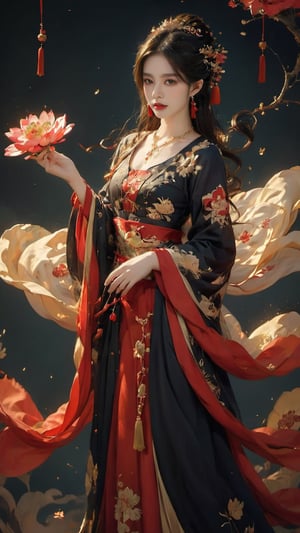 1girl, solo, long hair, brown hair, black hair, hair ornament, long sleeves, dress, holding, jewelry, standing, full body, flower, earrings, hair flower, necklace, sparkle, chinese clothes, red dress, tassel, branch