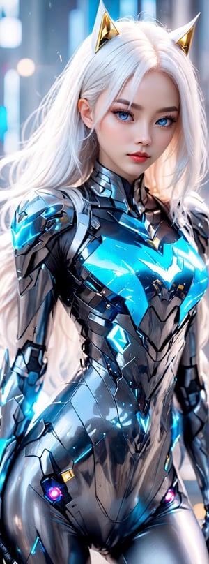 Best picture quality, high resolution, 8k, realistic, sharp focus, realistic image of elegant lady, Korean beauty, supermodel, pure white hair, blue eyes, wearing high-tech cyberpunk style blue Batgirl suit, radiant Glow, sparkling suit, mecha, perfectly customized high-tech suit, ice theme, custom design, 1 girl
