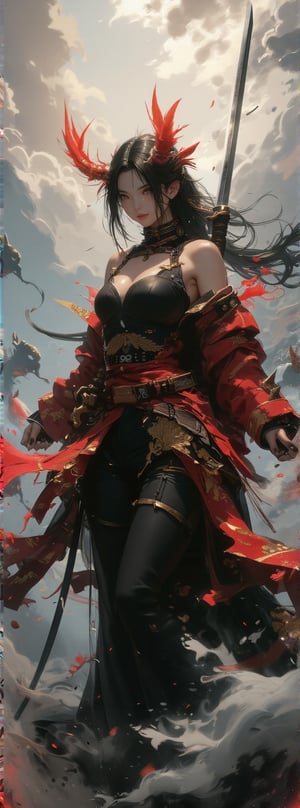 Score_9, score_8_up, score_7_up, A majestic oriental warrior stands poised, donning red armor and a flowing black kimono adorned with intricate golden patterns. Her exposed collar and dramatic posture exude confidence. The billowing kimono seems to defy gravity as she raises her katana high, its tip gleaming in the soft glow of ethereal mist surrounding her. A white ghost face mask and fiery red ghost horns add an aura of mystique. Against a dynamic background of swirling clouds and mythical creatures, this stunning beauty embodies the fusion of ancient traditions and mystical powers. Movie special effects grade style.