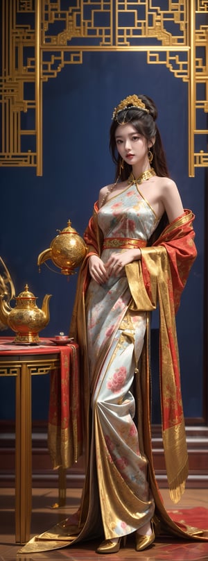 a 23-year-old Chinese beauty with an elegant and leisurely face, standing before a gorgeous single baroque sofa with a blue background and gold edges. Her outfit is predominantly white with navy blue trim and detailed with a detailed peony pattern. Her perfect long legs were exposed, and there was a blue and white porcelain teapot and teacup on the table next to the chair, indicating that this was a tea party. The floor beneath her feet was strewn with pearls and red beads. Directly behind the background is a gold-framed Chinese painting, and ornate interior decoration surrounds the central figure, adding to the luxurious feel of the scene.
