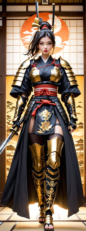 A 23 years old sexy and beautiful Japanese woman with oversize natural breasts, solo, cool, full body, is playing the role of a traditional Japanese samurai, wearing ((black and golden epic samurai armor)), her katana is decorated with the ancient four diamond totem, With the background being a traditional Japanese house.