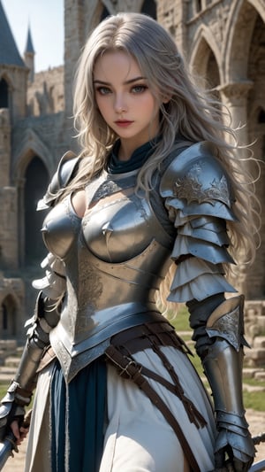 European style, fantasy, solo, cool girl, knight outfit, white & silver long hair, battle, faithing, enemy, ruins, holding long sword, (masterpiece), (best quality), (ultra-detailed), (an extremely delicate and beautiful), ((textile shading)), (caustics), (((sharp focus))),knight,Leonardo Style,lactating