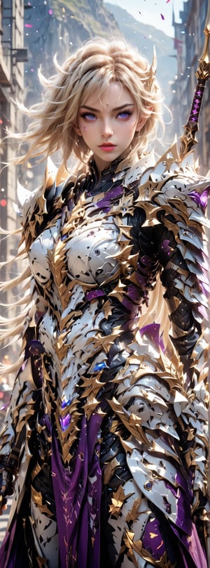 4K anime style, digital drawing mode, Chaos and Valkyrie-themed anime female character, blonde hair with chaotic patterns, unpredictable purple eyes, wearing an armor adorned with abstract symbols, holding a double-headed spear, background of a constantly shifting, surreal landscape, vibrant skin tone, short, spiky hair, various lip colors, wild eyes, full body, dynamic and unpredictable pose, life size, perfect anatomy, detailed armor and skin texture, full HD, 4K, HDR, depth of field.