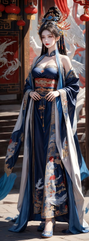 Realistic style, full body, on the stage of the ancient gorgeous theater, a 23-year-old Taiwanese beauty wears a Peking Opera actress's headdress, earrings, necklaces, bracelets, and a dark blue Peking Opera actress's short skirt made of top-quality silk Clothing (the clothing has exquisite white dragon and phoenix embroidery patterns), natural big breasts, bare feet, seductive smile, Peking Opera movements, panoramic view. (1girl: 1.4), (RAW photo, best quality), (real, photo real: 1.1), most Best Quality, Masterpiece, Beauty & Aesthetics, 16K, (HDR: 1.2), High Contrast, (Vivid Colors: 1.3), (Soft Colors, Dull Colors, Soothing Tone: 0), Cinematic Lights, Ambient Light, Side light, fine details and textures, cinematic shots, warm colors, (bright and intense: 1.1), wide angle shots, xm887, surreal illustration, Siena's natural proportions, silver hair, dynamic poses, body and hands The precise anatomy of four fingers and a thumb