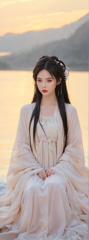 score_9, score_8_up, score_7_up, score_6_up, 1girl, 23yo Taiwanese beauty, solo, cool, long hair, white hanfu, There is frost and snow falling over the vast and rippleless lake, and every inch of hair is hung with memories of the past. When a woman faces the moon, she hopes someone will protect her. She only envies mandarin ducks, not gods.