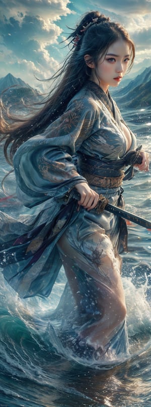 1girl, 23 year old Taiwanese beauty, solo, cool, long hair, black hair, long sleeves, natural huge breasts, holding, weapon, outdoors, japanese sheer clothes, sky, day, sword, cloud, wide sleeves, kimono, water, holding weapon, sash, profile, floating hair, watermark, holding sword, obi, floral print, katana, wind, mountain, fighting stance, realistic, waves, looking at the viewer,