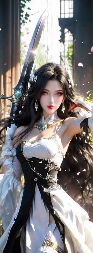 1girl, solo, long hair, black hair, hair ornament, dress, holding, jewelry, upper body, weapon, flower, earrings, sword, water, holding weapon, white dress, tree, petals, holding sword, chinese clothes, branch, falling petals. (1girl: 1.4), (Original, Best Quality), (Real, Photo: 1.1), Best Quality, Masterpiece, Beauty and Aesthetics, 16K, (HDR: 1.2), High Contrast, (Vivid Colors: 1.3) , (soft colors, dark colors, soothing tones: 0), cinematic light, ambient light, side light, fine details and textures, cinematic lenses, warm colors (bright and intense: 1.1), wide angle photography, xm887, surreal illustration, tin Jena's natural proportions, silver hair, dynamic pose, precise internal anatomy of the body and hand, four fingers and a thumb, 

Leonardo illustration albedo stylized illustration style