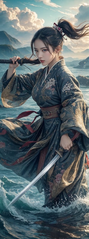1girl, 23 year old Taiwanese beauty, solo, cool, long hair, black hair, long sleeves, natural huge breasts, holding, weapon, outdoors, japanese sheer clothes, sky, day, sword, cloud, wide sleeves, kimono, water, holding weapon, sash, profile, floating hair, watermark, holding sword, obi, floral print, katana, wind, mountain, fighting stance, realistic, waves, looking at the viewer,realhands