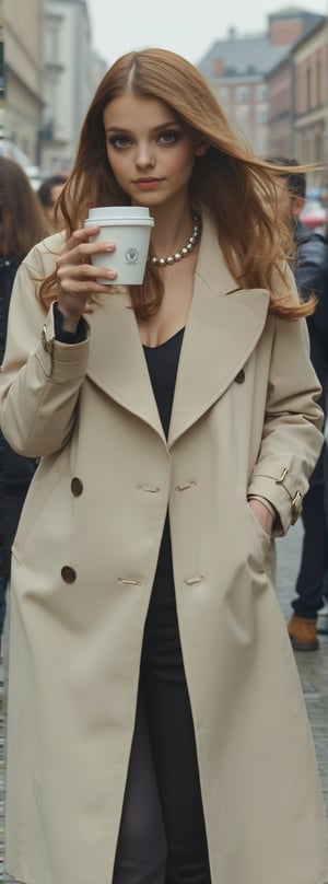 Score_9, score_8_up, score_7_up, A stylish professional beauty, light-colored long trench coat, coffee, busy street, low angle shot.