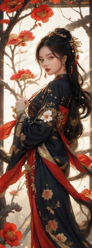 1girl, solo, long hair, brown hair, black hair, hair ornament, long sleeves, dress, holding, jewelry, standing, full body, flower, earrings, hair flower, necklace, sparkle, chinese clothes, red dress, tassel, branch,gugong,xxmix_girl,Leonardo Style,taiwan