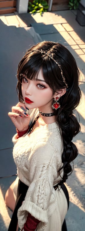 1girl, a 23-year-old Taiwanese beauty, solo, thick long black hair, looking sideways at the audience, bangs, princess hair, red eyes, upper body, braids, pierced ears, multiple pairs of long gemstone earrings, parted lips, black choker, red knitted sweater, red lips , sleeves above wrist, long eyelashes, makeup, rings, bright lipstick, one hand holding her face, long nails, red nail polish, perfect fingers, (from above:1.2),