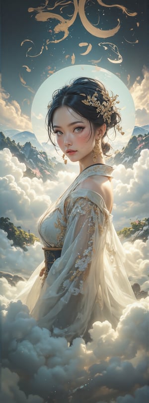 Score_9, score_8_up, score_7_up, A cinematic poster featuring an enigmatic Oriental beauty, shrouded in mystery and whimsy. Soft focus captures her delicate features: porcelain skin, dark eyes slightly ajar, gazing directly at the viewer. Exquisite brushwork adorns her elegant attire, rustling gently in the breeze. A platform of misty clouds stretches out behind her, bathed in soft, ethereal light, with subtle shadows adding depth to this dreamlike scene. Movie special effects grade style.