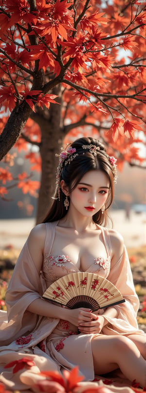 Score_9, score_8_up, score_7_up, A stunning ancient oriental beauty sits under a majestic maple tree, surrounded by the soft glow of distant autumn colors. Her long hair fell down her back like a nighttime waterfall, and she gazed thoughtfully at the crimson leaves dancing around her. Wearing an exquisite light-colored kimono, her features were accentuated by delicate makeup and a hint of crimson eyeshadow. On her lap she held a beautifully designed folding fan, its ornate frame shimmering with warm golden light. The rich colors of the painting seem to be dancing with the gentle reverie of silkworms, as if the essence of autumn has been distilled into this charming moment. Movie special effects grade style.