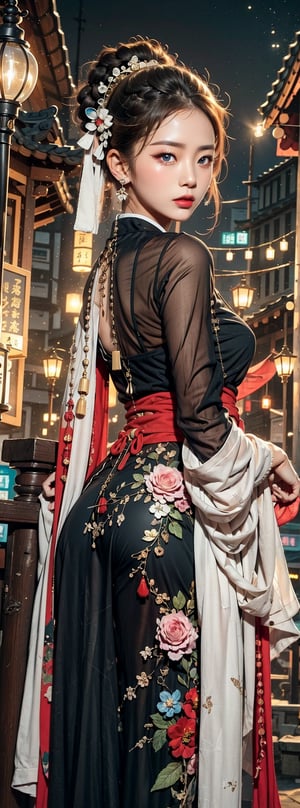 1girl, 23yo Taiwanese beauty, solo, cool, looking at viewer, brunette, hair accessory, long sleeves, holding, blue eyes, jewelry, closed mouth, standing, cowboy shot, earrings, outdoor, sky, clouds, from behind, nail polish, red lips, belt, night, glow, chain, forehead mark, Hanfu, tassels, red nails, smoke, lantern, white python, magic, East Asian architecture, high bun, pagoda