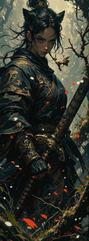 #荒野金刀獨眼龍
A cinematic shot of an imposing figure emerging from darkness: an ancient Oriental beauty stands amidst rustling grass and twisted branches, eyes scanning the desolate wilderness as she clutches a gleaming golden sword with leopard's head hilt, its blade protruding from mouth. Eyepatch covers left eye, scar above her left eyebrow tells battles' tale. Right eye, steadfast and strong, surveys unforgiving land, ready to defend against all comers. Ultra-low angle wide-angle lens captures her commanding presence.