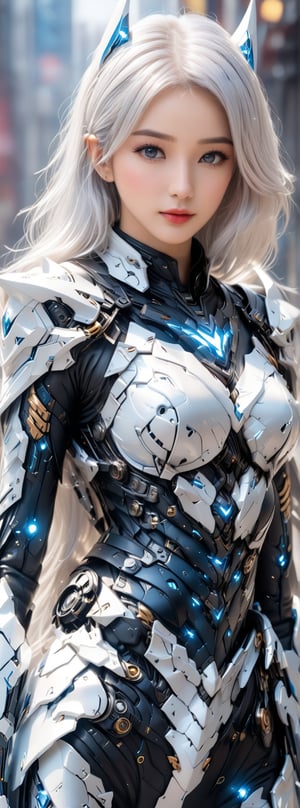 Best picture quality, high resolution, 8k, realistic, sharp focus, realistic image of elegant lady, Korean beauty, supermodel, pure white hair, blue eyes, wearing high-tech cyberpunk style blue Batgirl suit, radiant Glow, sparkling suit, mecha, perfectly customized high-tech suit, ice theme, custom design, 1 girl