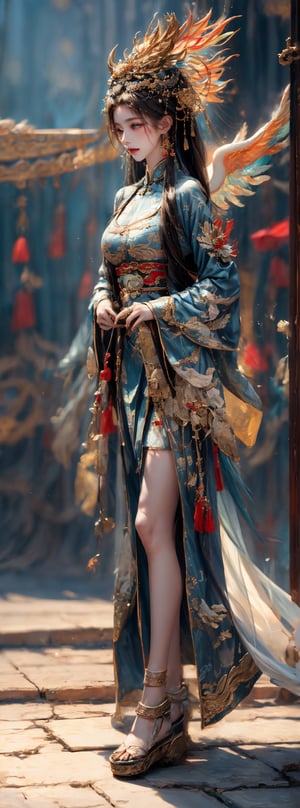 Realistic style, full body, side view, Tang Dynasty, China, on the stage of the ancient gorgeous theater, a 23-year-old Taiwanese beauty wears a Peking Opera actress's headdress, earrings, necklaces, bracelets, and a dark blue Peking Opera actress's short skirt made of top-quality silk Clothing (the clothing has exquisite white dragon and phoenix embroidery patterns), natural big breasts, bare feet, seductive smile, Peking Opera movements, panoramic view. (1girl: 1.4), (RAW photo, best quality), (real, photo real: 1.1), most Best Quality, Masterpiece, Beauty & Aesthetics, 16K, (HDR: 1.2), High Contrast, (Vivid Colors: 1.3), (Soft Colors, Dull Colors, Soothing Tone: 0), Cinematic Lights, Ambient Light, Side light, fine details and textures, cinematic shots, warm colors, (bright and intense: 1.1), wide angle shots, xm887, surreal illustration, Siena's natural proportions, silver hair, dynamic poses, body and hands The precise anatomy of four fingers and a thumb