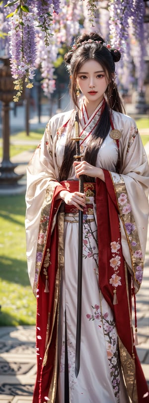 1girl, solo, long hair, looking at viewer, black hair, hair ornament, long sleeves, dress, holding, weapon, flower, sword, wide sleeves, water, hair bun, holding weapon, sash, petals, holding sword, chinese clothes, single hair bun, falling petals, hanfu, wisteria