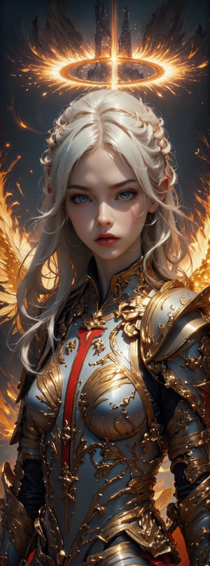 Score_9, score_8_up, score_7_up, In this cinematic masterpiece, a majestic female angelic inquisitor stands tall, her platinum locks cascading down like a river of gold. Her piercing eyes seem to bore into the soul as she clutches a holy sword. Above her head, a radiant halo shines bright, while golden wings spread wide, their delicate feathers glinting in the flickering flames that engulf the distant castle. The red cross on her armor stands out against the fiery backdrop, its intricate details rendered with precision. The metal armor appears to flash with an otherworldly intensity, as if infused with the very essence of the inferno. Ultra-high resolution and exquisite detail bring this fantasy world to life in a style reminiscent of movie special effects. Movie special effects style.