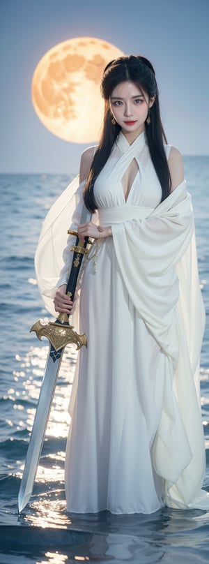 The dark night is azure, with a small amount of smoke, and the water reflects the moonlight. A Taiwanese woman stood on the water and waved a sword, with an arc-shaped energy trajectory surrounding the sword. Cold and glamorous, exposed shoulders, natural big breasts, soaked long hair, white soaked deep-V sheer thin clothes, with a huge blue moon in the background, the style is a live-action movie photo.