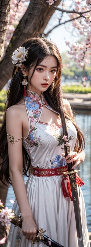1girl, solo, long hair, black hair, hair ornament, dress, holding, jewelry, upper body, weapon, flower, earrings, sword, water, holding weapon, white dress, tree, petals, holding sword, chinese clothes, branch, falling petals