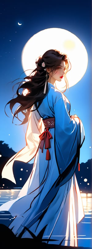 score_9, score_8_up, score_7_up, score_6_up, In the night sky, there is a bright moon, and the moonlight shines on the lake. A long-haired beauty wearing Hanfu and holding a sword stood by the lake. Chiaroscuro, beautiful human silhouette effect, moon focus