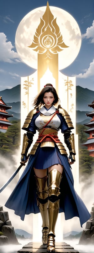 A 23 years old sexy and beautiful Japanese woman with big natural breasts, solo, cool, full body, is playing the role of a traditional Japanese samurai, wearing ((white and gold epic samurai armor)), her katana is decorated with the ancient four diamond totem, In the background are the towers of a Japanese castle.,Leonardo Style,warrior,kabuki