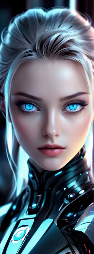 Generate hyper realistic image of a captivating girl with blue eyes, her upper body enhanced with cybernetic elements. She looks directly at the viewer, and her lips, slightly parted, exude an alluring glow. The scene is set in a futuristic, science fiction environment, where the fusion of human and machine creates a mesmerizing and enigmatic ambiance.