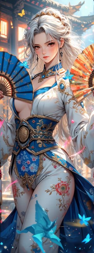 Score_9, score_8_up, score_7_up, A majestic anime-inspired digital artwork, rendered in stunning 16k resolution. A regal beauty, with porcelain-like facial features and flowing white locks, dons a breathtaking palace gown. The main attire is a gleaming white hue with vibrant blue accents and intricate golden floral patterns. The exposed neckline and diamond-patterned waistband add to the overall allure. As she holds two majestic fans, one adorned with blue water patterns and the other with fiery red flame designs, her stunning gown billows dramatically around her. Soft, delicate shadows and ultra-detailed fabric textures bring the scene to life. Surrounding her are stylized fire and water elements, as blue and pink butterflies dance in mid-air. The majestic palace, with its ancient oriental aesthetic, serves as a regal backdrop. A warm glow effect emanates from magic-infused elements, drawing attention to the central figure. In a dramatic pose, our heroine commands the scene, radiating an aura of mystique and enchantment. Movie special effects-style lighting and composition bring this fantasy atmosphere to life, with a focus on the characters that is both captivating and unforgettable. Movie special effects grade style.