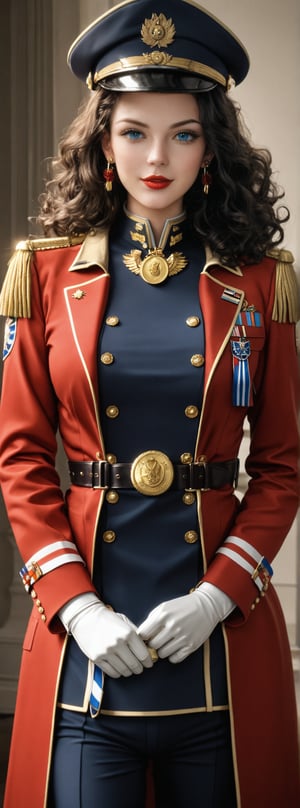 23-year-old Taiwanese beauty, supermodel, solo, cool, long black curly hair, looking at the viewer, blue eyes, long sleeves, shut up, red lips, standing, coat, weapons, gorgeous earrings, belt, matching sword, white Gloves, hats, double-breasted uniforms, uniforms, collars, medals, medal belts, epaulettes, epaulette tassels, commander's cloaks, banquet halls,dingxianghua