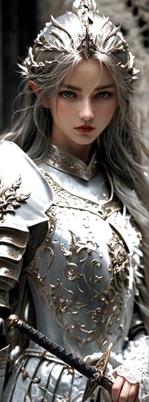 European style, fantasy, solo, cute girl, knight outfit, white & silver long hair, battle, faithing, enemy, ruins, holding long sword, (masterpiece), (best quality), (ultra-detailed), (an extremely delicate and beautiful), ((textile shading)), (caustics), (((sharp focus))),