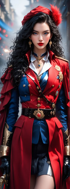 23-year-old Taiwanese beauty, supermodel, solo, cool, long black curly hair, looking at the viewer, blue eyes, long sleeves, shut up, red lips, standing, coat, weapons, gorgeous earrings, belt, matching sword, white Gloves, hats, double-breasted uniforms, uniforms, collars, medals, medal belts, epaulettes, epaulette tassels, commander's cloaks, banquet halls