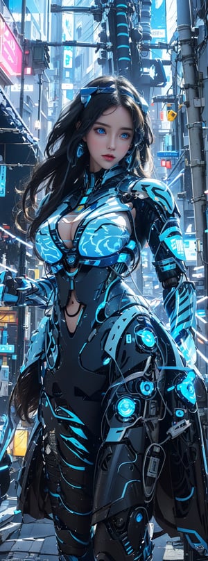 Female robot, delicate face, delicate blue eyes, ((large breasts)), perfect body, perfect legs, ((blue fluorescent long hair)), ((blue and white tiger pattern mecha)), looking at Viewer, the backdrop is a futuristic street filled with neon lights and tangled cables. It's full of sci-fi, high-detail, cyberpunk style, with high details and complex, rich dark tones.