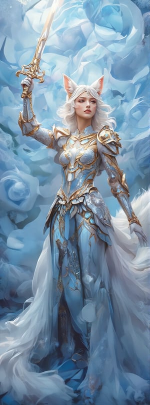 Score_9, score_8_up, score_7_up, Ayami Kojima’s masterpiece unfolds in stunning, ethereal scenes. A brave female warrior wearing diamond armor and golden proportions raises a shining holy sword. The background is a light blue rose with snowflakes that symbolizes purity and delicacy. There was an otherworldly aura in the air, as the armor worn by the female warriors was intricately decorated with machine parts, diamonds, crystals, gems, and sparkling lace threads between the components. Blurred background. The lighting is a perfect blend of exposure, with a subtle HDR effect that adds depth and dimension to the scene. The colors are soft and the tones are soothing, evoking a sense of tranquility. The female warrior has nine white fox tails that adorn her body, giving her an aura of protection and strength. In this surreal fantasy world where magic and technology seamlessly merge, the female warrior's determination to uphold justice is evident, and she is ready to face any challenges that lie ahead. Movie special effects grade style.