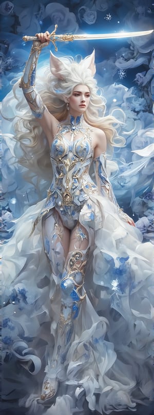 Score_9, score_8_up, score_7_up, Ayami Kojima’s masterpiece unfolds in stunning, ethereal scenes. A brave female warrior wearing diamond armor and golden proportions raises a shining holy sword. The background is a light blue rose with snowflakes that symbolizes purity and delicacy. There was an otherworldly aura in the air, as the armor worn by the female warriors was intricately decorated with machine parts, diamonds, crystals, gems, and sparkling lace threads between the components. Blurred background. The lighting is a perfect blend of exposure, with a subtle HDR effect that adds depth and dimension to the scene. The colors are soft and the tones are soothing, evoking a sense of tranquility. The female warrior has nine white fox tails that adorn her body, giving her an aura of protection and strength. In this surreal fantasy world where magic and technology seamlessly merge, the female warrior's determination to uphold justice is evident, and she is ready to face any challenges that lie ahead. Movie special effects grade style.