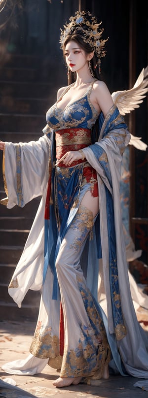 Realistic style, cowboy shot, 1 girl, 23-year-old Taiwanese beauty wears a Peking Opera actress's headdress, earrings, necklaces, bracelets, and a fine silk costume with exquisite white dragon and phoenix embroidery patterns, natural big breasts, Perfect body, perfect legs, bare feet, on the stage of the ancient gorgeous theater. (1girl: 1.4), (RAW photo, best quality), (real, photo real: 1.1), most Best Quality, Masterpiece, Beauty & Aesthetics, 16K, (HDR: 1.2), High Contrast, (Vivid Colors: 1.3), (Soft Colors, Dull Colors, Soothing Tone: 0), Cinematic Lights, Ambient Light, Side light, fine details and textures, cinematic shots, warm colors, (bright and intense: 1.1), wide angle shots, xm887, surreal illustration, Siena's natural proportions, silver hair, dynamic poses, body and hands The precise anatomy of four fingers and a thumb