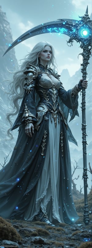 Score_9, score_8_up, score_7_up, In a desolate wasteland shrouded in an eerie mist, Mors, the death demon lord, stands tall, her long silver hair flowing like tendrils of mist around her pale, cold-skinned face. Her ethereal eyes glow with an otherworldly ice blue light, as she raises her scythe, its blade shimmering with an unearthly energy. Her dark, skeletal robe is emblazoned with white bones and skull patterns, blending seamlessly into the bleak landscape. The dynamic pose captures Mors' perfect figure, while the detailed skin texture and perfect anatomy convey a sense of realism. The depth of field brings the viewer's gaze to her radiant, deathly pale skin, as if drawn to her very essence. Movie special effects grade style.