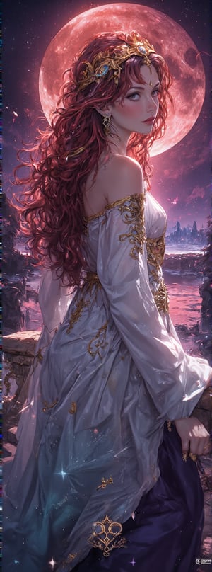 Score_9, score_8_up, score_7_up, An ethereal woman with long, flowing red hair and a white gown adorned with golden accents stands by a stone balustrade, gazing out at the calm waters under a starry night sky where a vibrant red moon casts a warm glow. Her contemplative expression reflects her dreamy atmosphere, surrounded by deep purples, reds, and blues. The mystical mood is tranquil, inviting us to step into the serene scene. Movie special effects grade style.