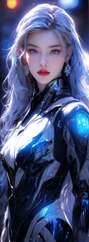 Best picture quality, high resolution, 8k, realistic, sharp focus, realistic image of elegant lady, Korean beauty, supermodel, pure white hair, blue eyes, wearing high-tech cyberpunk style blue Batgirl suit, radiant Glow, sparkling suit, mecha, perfectly customized high-tech suit, ice theme, custom design, 1 girl,swordup, looking at viewer,JeeSoo ,Mecha,JeanneLancer,Cyberpunk